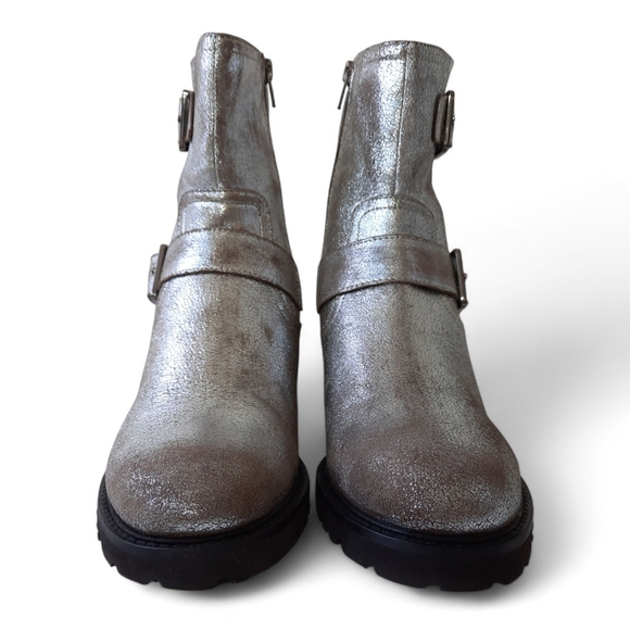 SEYCHELLES Distressed Pewter Moto Combat Chunky Ankle Biker Boot Cowboy Carter - Picture 6 of 10